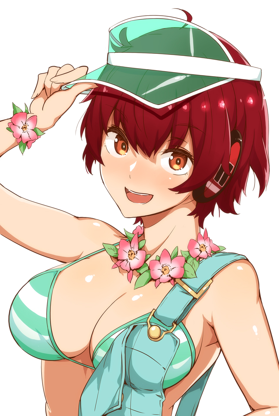 1girl adjusting_headwear bangs bare_shoulders blush breasts character_request copyright_request flower flower_necklace green_bikini_top hand_up headphones highres jewelry large_breasts looking_at_viewer necklace open_mouth orange_hair overalls red_eyes short_hair simple_background smile solo tokiwa_midori_(kyokutou_funamushi) visor_cap white_background