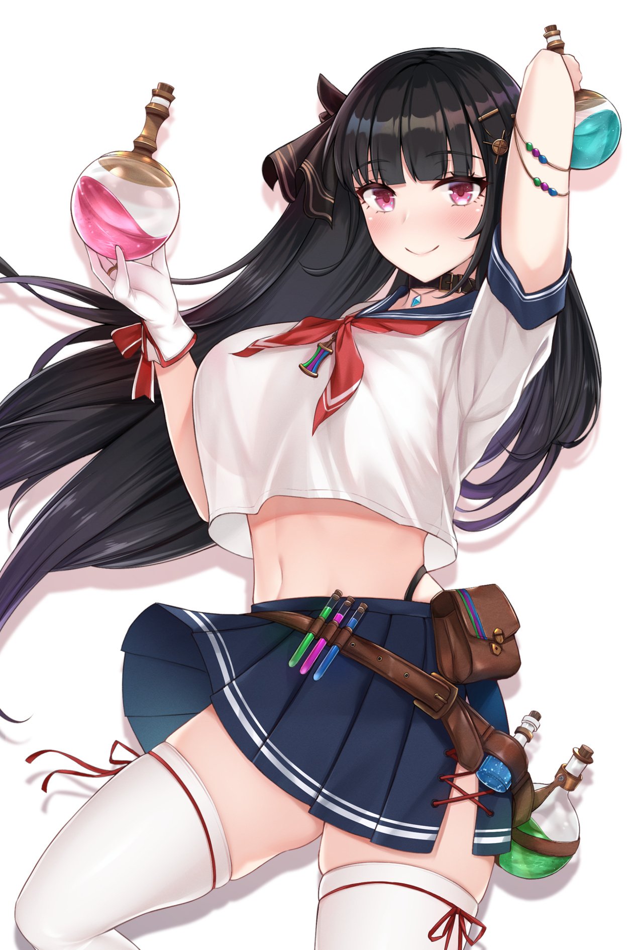 1girl black_hair character_request copyright_request fou_zi highres potion red_eyes skindentation thigh-highs white_background