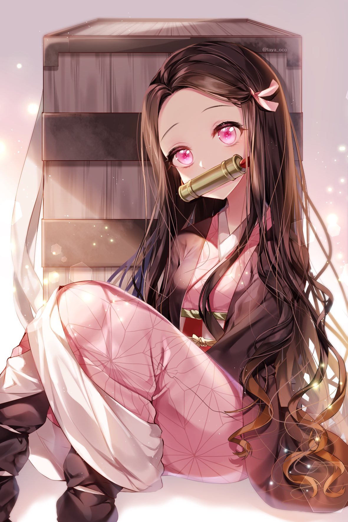 1girl asa_no_ha_(pattern) bamboo bit_gag black_hair black_haori box checkered checkered_obi commentary forehead gag gradient_hair hair_ribbon haori head_tilt highres japanese_clothes kamado_nezuko kimetsu_no_yaiba kimono leg_warmers lens_flare light_particles long_hair long_sleeves looking_at_viewer mouth_hold multicolored_hair obi pink_eyes pink_kimono pink_ribbon redhead ribbon sash sitting solo sunlight taya_5323203 twitter_username two-tone_hair very_long_hair