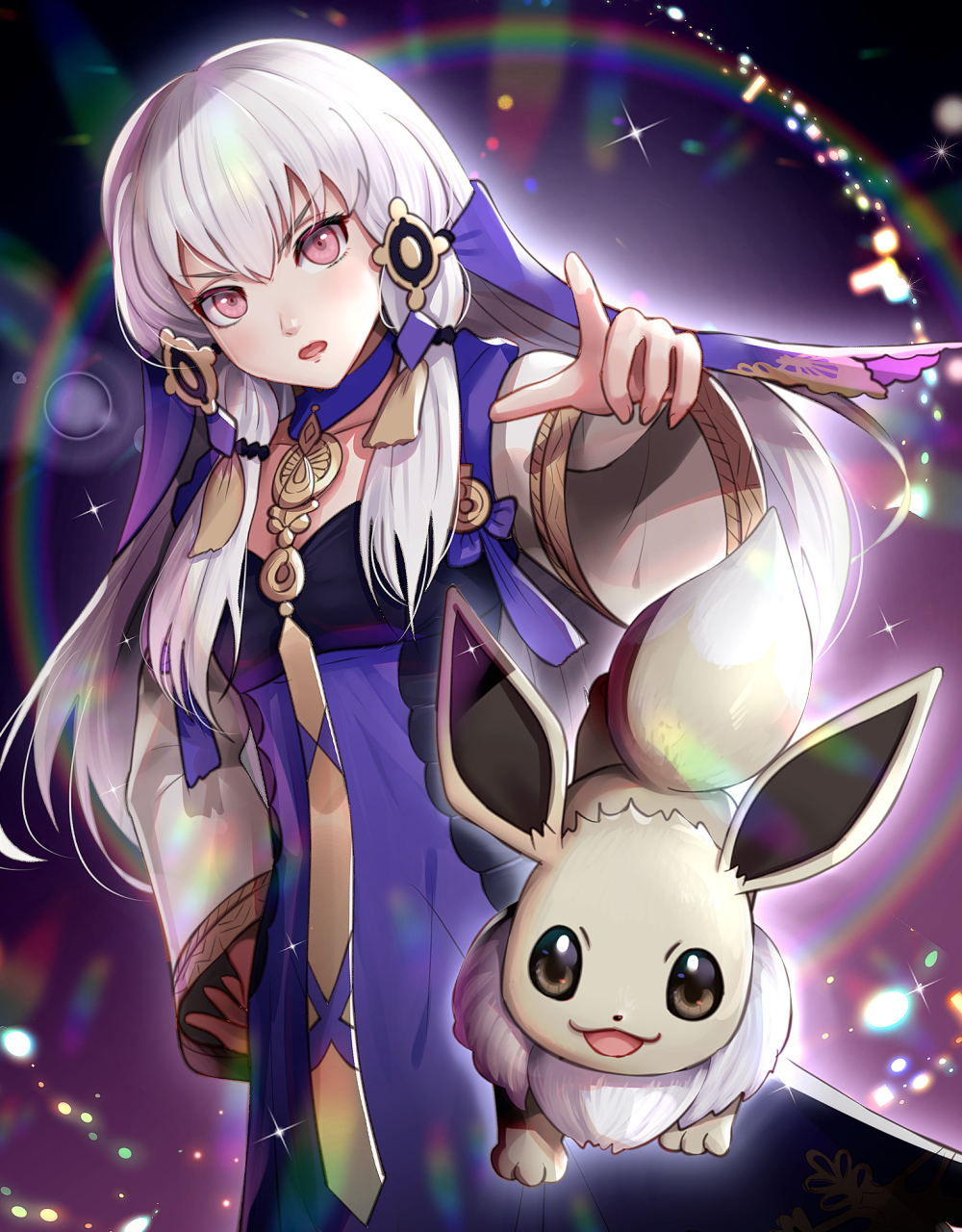 1girl crossover dress eevee fire_emblem fire_emblem:_three_houses gen_1_pokemon gonzarez hair_ornament highres long_hair long_sleeves lysithea_von_ordelia open_mouth pink_eyes pokemon pokemon_(creature) white_hair