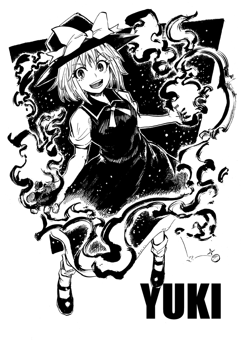 1girl black_dress black_footwear blackcat_(pixiv) bow character_name dated dress english_text eyebrows_visible_through_hair greyscale hat hat_bow looking_at_viewer mary_janes monochrome open_mouth round_teeth shoes short_hair short_sleeves slit_pupils smile smoke solo teeth touhou touhou_(pc-98) v-shaped_eyebrows white_background white_legwear yuki_(touhou)