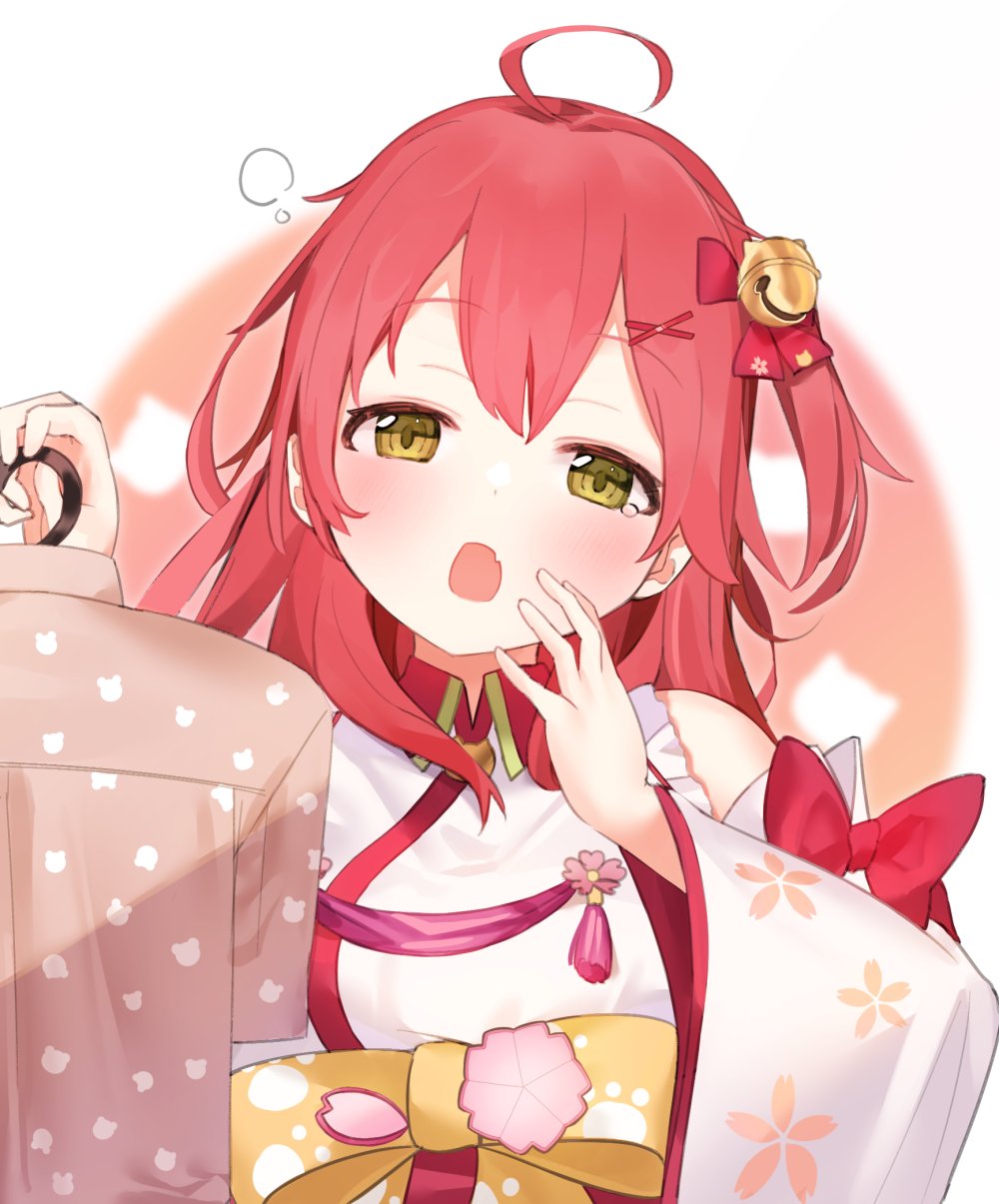 1girl ahoge bare_shoulders bell blush cherry_blossom_print clothes_hanger eyebrows_visible_through_hair floral_print green_eyes hair_bell hair_ornament hairclip highres holding_clothes_hanger hololive idemitsu long_hair looking_at_viewer one_side_up open_mouth pink_hair sakura_miko solo tears thought_bubble virtual_youtuber wide_sleeves yawning