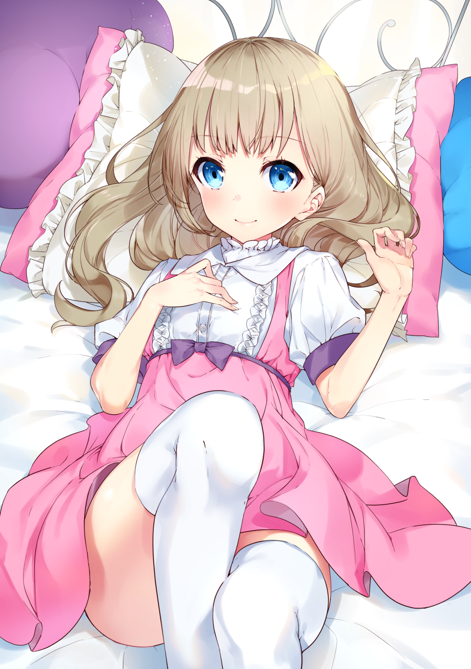 1girl bangs blue_eyes bon_(bonbon315) bow brown_hair commentary_request dress feet_out_of_frame frills highres long_hair looking_at_viewer lying on_back original pillow pink_dress purple_bow short_sleeves smile solo thigh-highs white_legwear