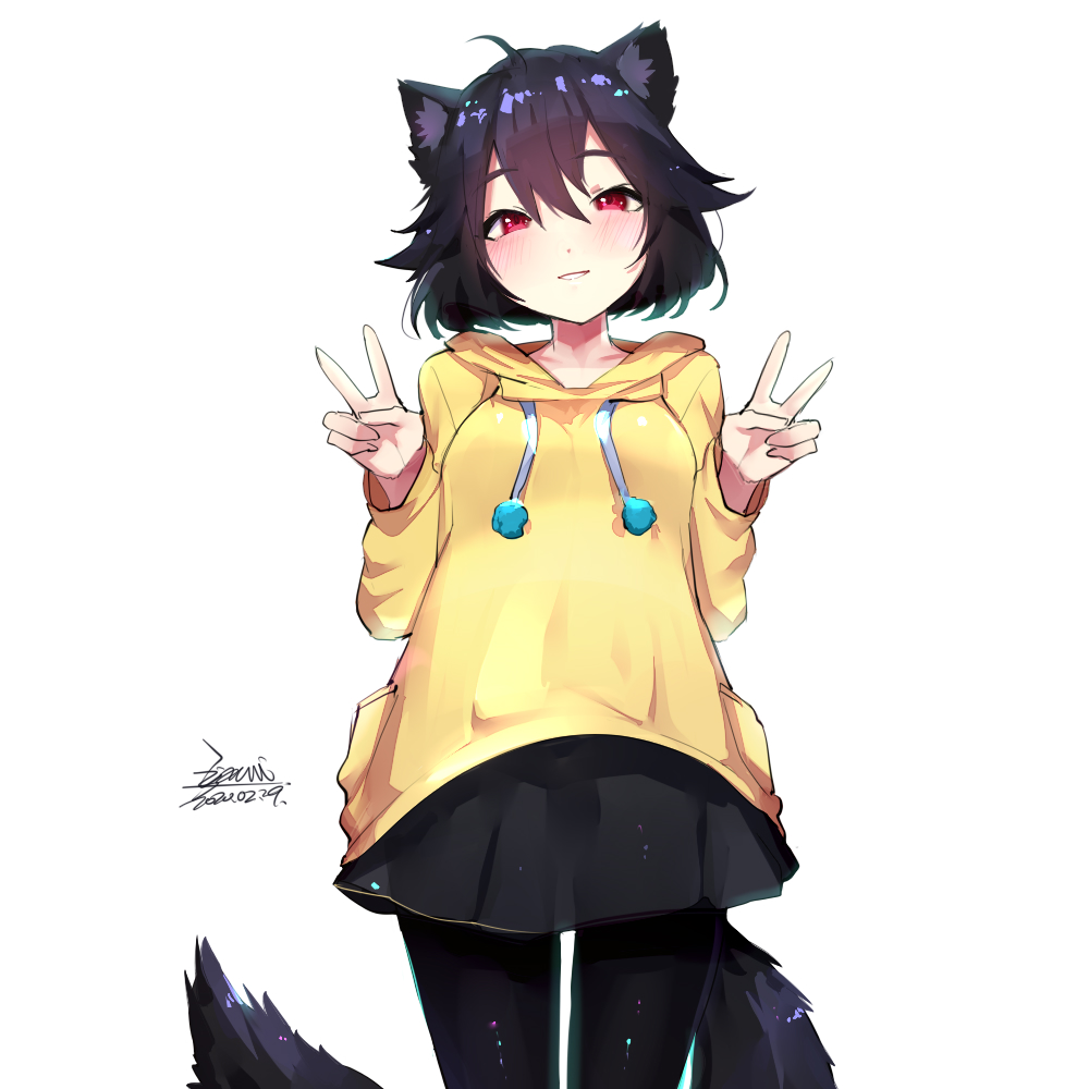 1girl animal_ears black_hair black_skirt blush breasts commentary_request dated double_v ejami ekko_(ejami) eyebrows_visible_through_hair fox_ears fox_girl fox_tail long_hair looking_at_viewer original red_eyes signature simple_background skirt smile solo tail v white_background yellow_hoodie
