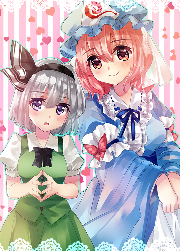 2girls alternate_breast_size alternate_eye_color arm_garter arms_up black_neckwear blue_headwear blue_kimono blush bow bowtie breasts bug butterfly commentary cowboy_shot eyebrows_visible_through_hair furisode green_skirt green_vest hair_between_eyes hair_ribbon hands_together hat head_tilt heart heart_background height_difference insect japanese_clothes kimono konpaku_youmu lace_border long_sleeves looking_at_viewer medium_breasts mob_cap multiple_girls nagare open_mouth outline pink_background pink_eyes pink_hair puffy_short_sleeves puffy_sleeves ribbon saigyouji_yuyuko shirt short_hair short_sleeves side-by-side silver_hair skirt skirt_hold smile standing steepled_fingers striped striped_background touhou triangular_headpiece vest violet_eyes white_shirt wide_sleeves