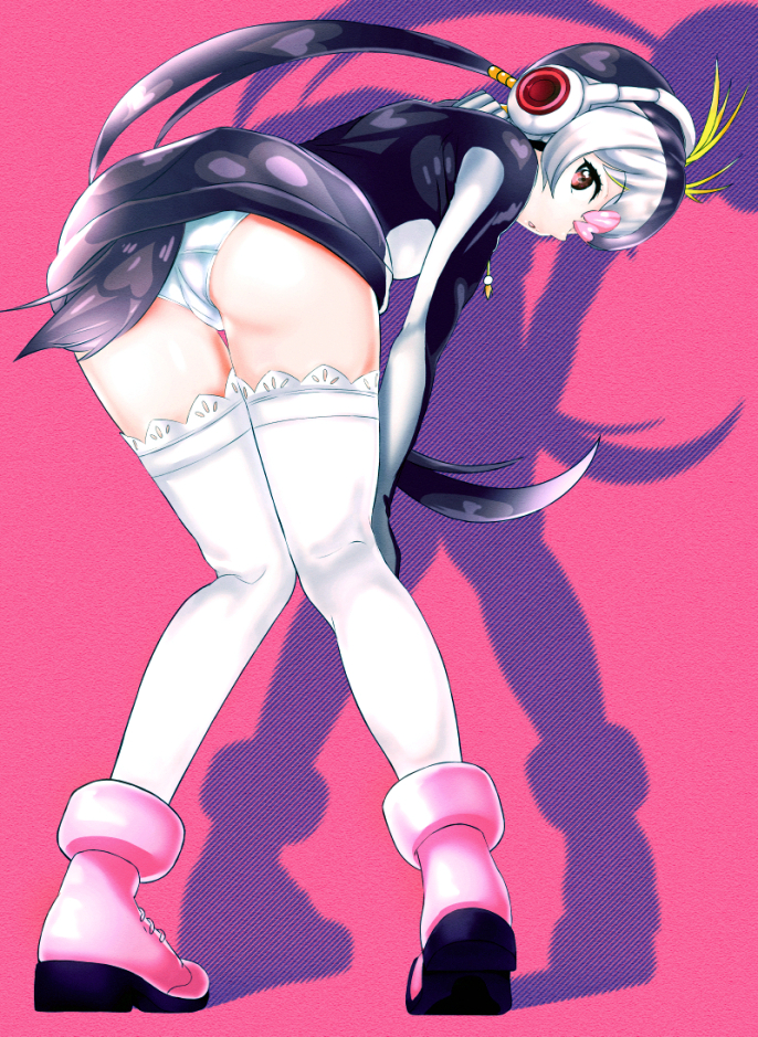 1girl akegata_tobari bangs bent_over black_dress black_hair commentary crotch_seam dress from_behind hair_ornament hands_on_own_knees headphones heart heart_hair_ornament heel_up kemono_friends lace lace-trimmed_legwear long_hair long_sleeves looking_at_viewer looking_back microdress multicolored_hair panties parted_lips penguin_tail pink_background pink_footwear royal_penguin_(kemono_friends) shadow shoes solo standing tail thigh-highs thigh_gap twintails two-tone_hair underwear whip white_legwear white_panties