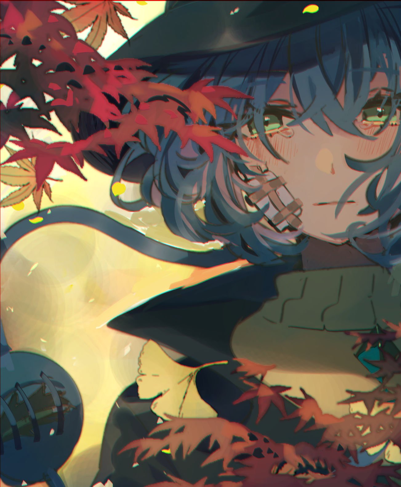 1girl adapted_costume alternate_hair_color autumn_leaves bandage_on_face black_headwear black_jacket blue_hair blush ginkgo_leaf green_eyes hat highres jacket komeiji_koishi leaf maple_leaf shirt short_hair solo takushiima tearing_up third_eye touhou upper_body yellow_background yellow_shirt