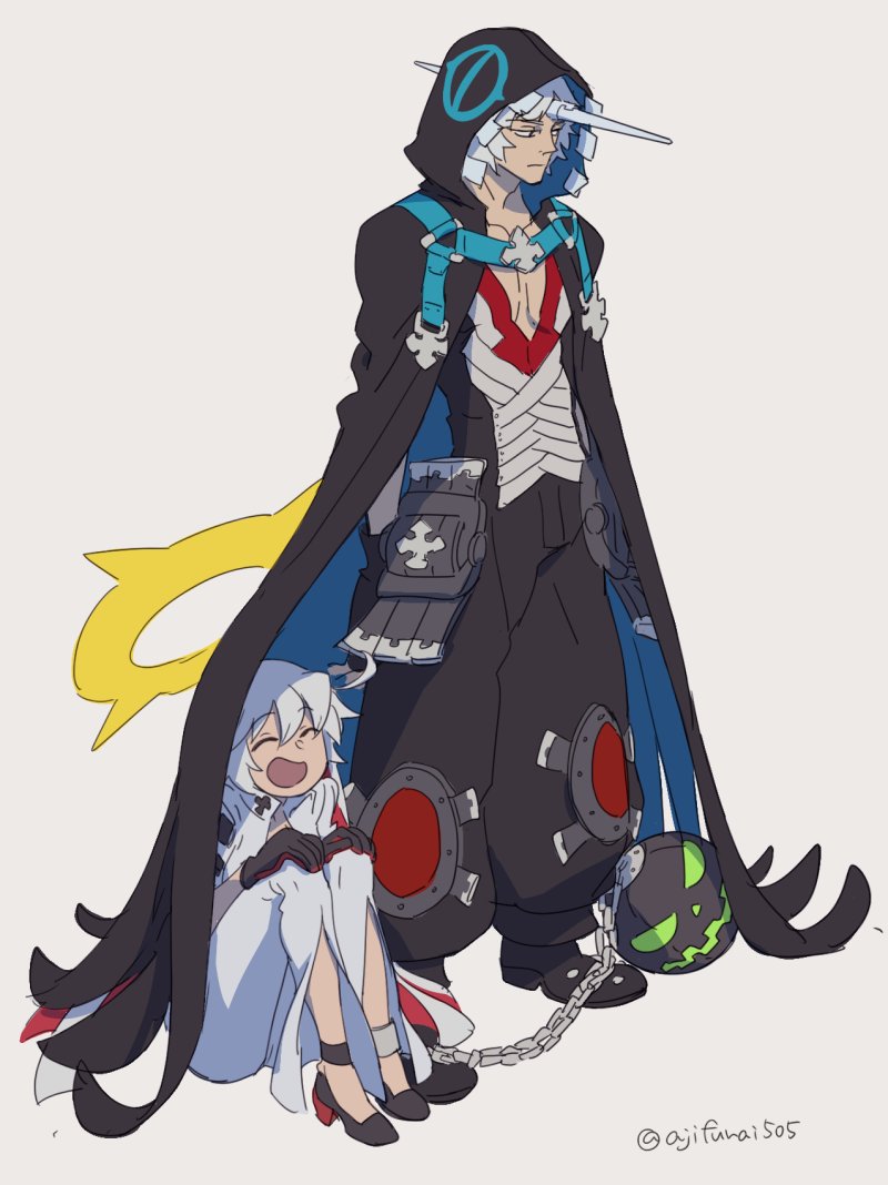 1boy 1girl :d ^_^ asaya_minoru bangs black_cape black_footwear black_gloves black_jumpsuit blue_cape bodysuit cape chain closed_eyes closed_mouth eyebrows_visible_through_hair gloves grey_background guilty_gear guilty_gear_xrd hair_between_eyes hands_on_own_knees hood hood_up hooded_cape horn jack-o'_valentine jumpsuit knees_up long_hair looking_away multicolored_hair open_mouth raven_(guilty_gear) redhead shoes simple_background sitting smile standing twitter_username two-tone_hair very_long_hair white_bodysuit white_hair