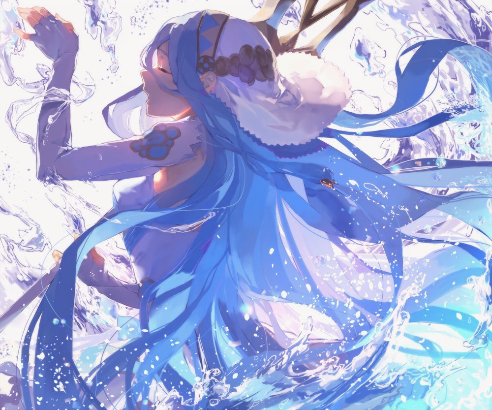 1girl azura_(fire_emblem) blue_hair closed_eyes detached_sleeves dress english_commentary fingerless_gloves fire_emblem fire_emblem_fates fire_emblem_heroes from_side gloves jef_(fe89392148) long_hair open_mouth splashing standing veil very_long_hair water white_dress