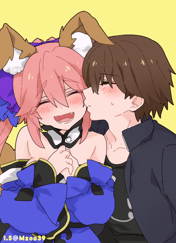 1boy 1girl animal_ears bare_shoulders blush brown_hair cheek_kiss closed_eyes detached_collar eyebrows_visible_through_hair fate_(series) fox_ears fox_tail hair_ribbon japanese_clothes kiss long_hair mzoo39 one_eye_closed open_mouth pink_hair ponytail ribbon short_hair simple_background tail tamamo_(fate)_(all) tamamo_no_mae_(fate) twitter_username