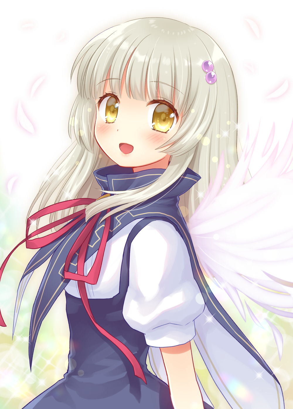 1girl :d bangs blue_dress blush brown_eyes brown_hair commentary_request dress eyebrows_visible_through_hair feathered_wings feathers flyable_heart hair_bobbles hair_ornament highres long_hair looking_at_viewer nakamura_hinato neck_ribbon open_mouth puffy_short_sleeves puffy_sleeves red_ribbon ribbon shirt short_sleeves sidelocks sleeveless sleeveless_dress smile solo sparkle_background white_feathers white_shirt white_wings wings yukishiro_suzuno