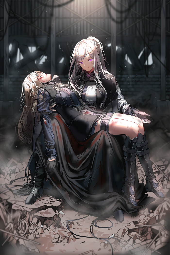 2girls ak-12_(girls_frontline) an-94_(girls_frontline) blood blood_on_face boots braid brick_wall bruise debris french_braid girls_frontline gloves glowing glowing_eyes holding_another indoors injury knee_boots long_hair multiple_girls partly_fingerless_gloves pink_eyes platinum_blonde_hair ponytail rubble sidelocks silence_girl silver_hair sitting smile tactical_clothes thighs unconscious