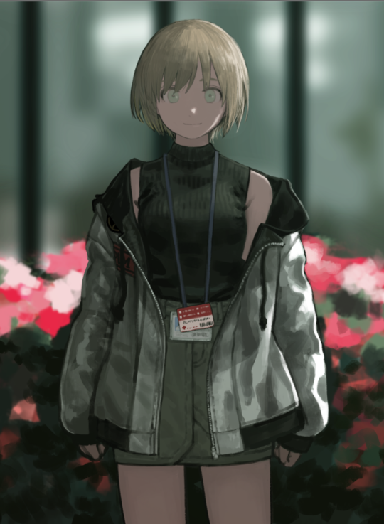 1girl beige_skirt blonde_hair blurry blurry_background closed_mouth cowboy_shot green_eyes id_card jacket looking_at_viewer miniskirt open_clothes open_jacket original sara_manta short_hair skirt sleeveless_sweater sleeves_past_wrists smile solo zipper
