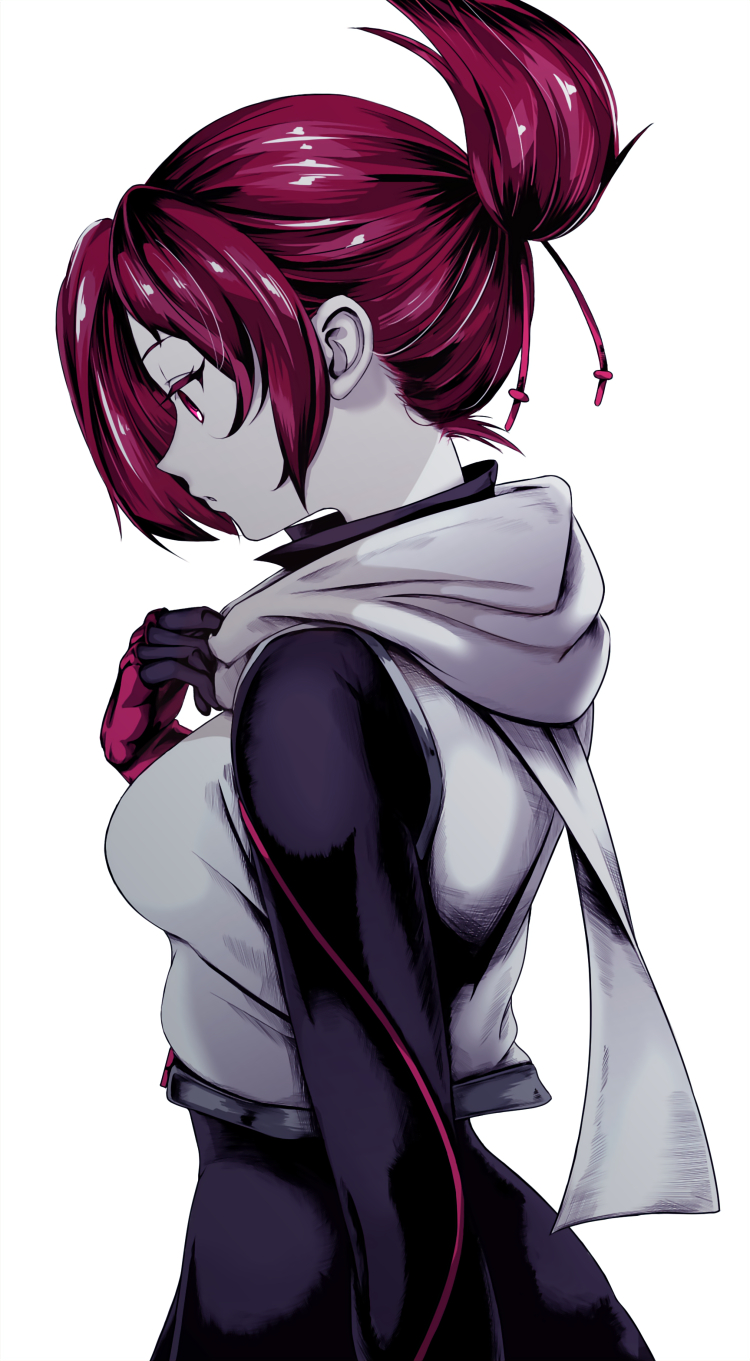 1girl akegata_tobari black_bodysuit bodysuit closed_mouth collar_tug commentary folded_ponytail from_behind gloves hair_tie highres kemurikusa long_sleeves nape profile red_eyes redhead rin_(kemurikusa) scarf short_hair simple_background solo standing vest white_background white_scarf white_vest