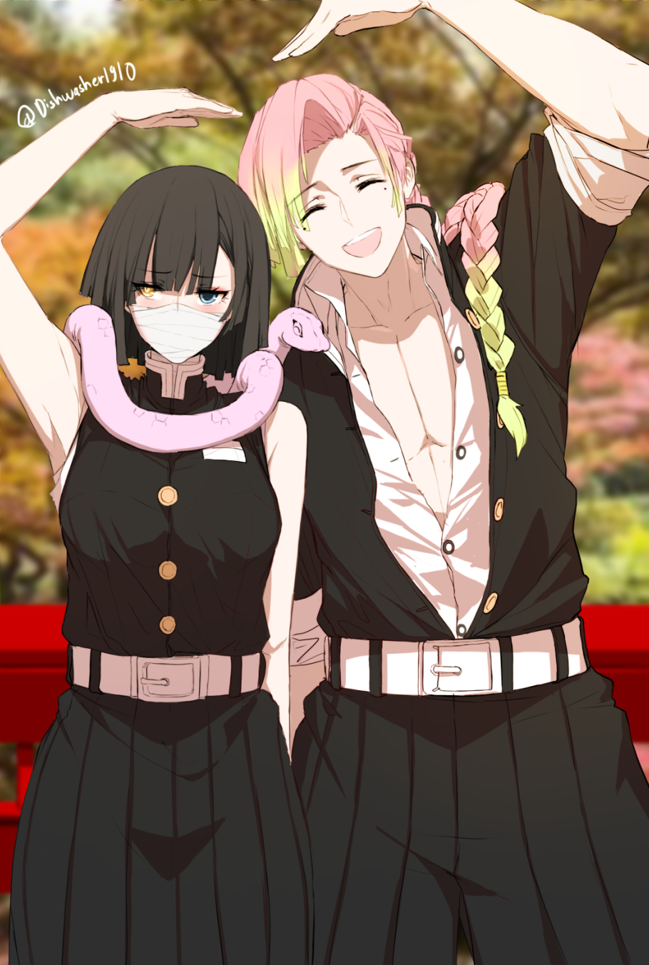 1boy 1girl :d ^_^ arm_up bandage_on_face bangs bare_arms bare_shoulders belt belt_buckle black_hair black_jacket black_pants black_skirt blue_eyes blurry blurry_background braid breasts buckle closed_eyes collarbone collared_shirt commentary covered_mouth day depth_of_field dishwasher1910 dress_shirt english_commentary eyebrows_visible_through_hair facing_viewer genderswap genderswap_(ftm) genderswap_(mtf) gradient_hair green_hair hair_over_shoulder heterochromia highres iguro_obanai jacket kanroji_mitsuri kimetsu_no_yaiba leaning_to_the_side long_hair medium_breasts mole mole_under_eye multicolored_hair open_clothes open_jacket open_mouth open_shirt outdoors pants pink_hair pleated_skirt shirt short_sleeves skirt sleeveless sleeveless_jacket sleeveless_shirt smile twitter_username very_long_hair white_belt white_shirt yellow_eyes