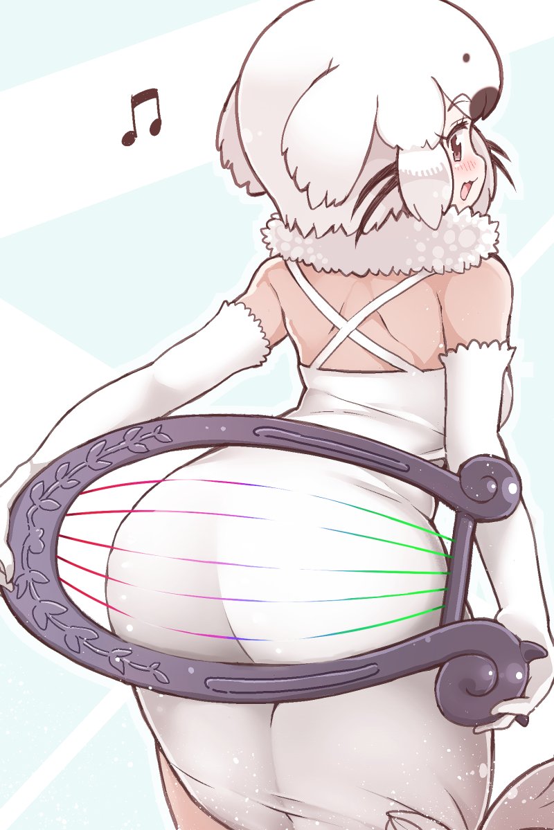 1girl ass ass_press bare_shoulders blush brown_eyes commentary_request dress elbow_gloves eyebrows_visible_through_hair from_behind fur_collar gloves harp harp_seal_(kemono_friends) instrument kemono_friends leaning_forward looking_back musical_note short_hair shoulder_blades solo tanaka_kusao white_dress white_gloves white_hair