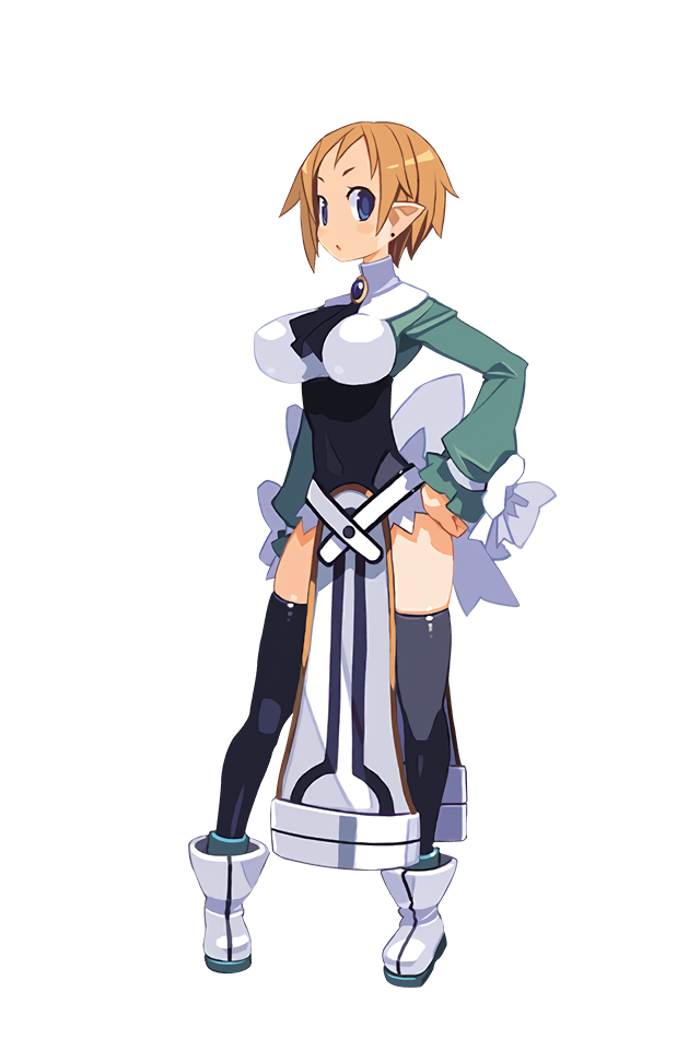 1girl :o ascot black_legwear blue_eyes boots breasts brooch disgaea disgaea_rpg earrings full_body hand_on_hip jewelry large_breasts light_brown_hair long_sleeves looking_at_viewer magic_knight_(disgaea) official_art pelvic_curtain pointy_ears short_hair solo standing stud_earrings thigh-highs transparent_background turtleneck white_footwear