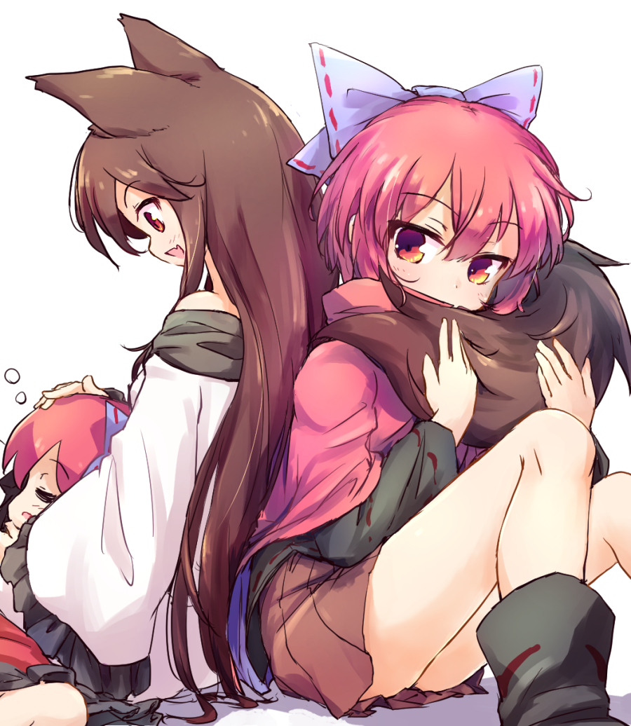 2girls animal_ears black_footwear black_shirt blue_bow boots bow brown_hair brown_skirt cloak commentary_request covered_mouth disembodied_head dress fang hair_bow imaizumi_kagerou isu_(is88) knees_up long_hair long_sleeves miniskirt multiple_girls open_mouth red_eyes redhead sekibanki shirt short_hair simple_background sitting skin_fang skirt sleeping smile tail touhou white_background white_dress wolf_ears wolf_tail