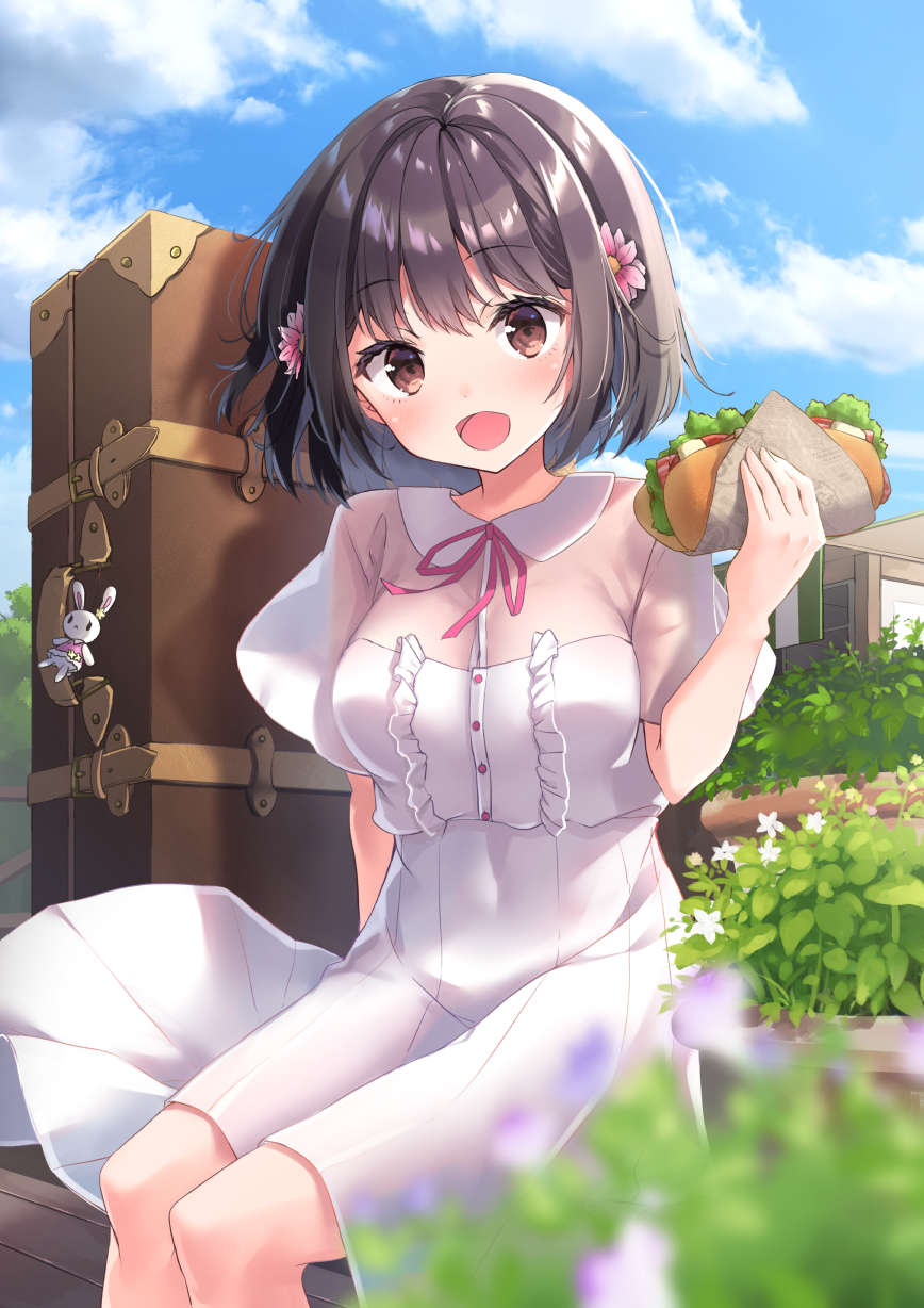 1girl arm_up black_hair blurry_foreground blush breasts brown_eyes clouds cloudy_sky commentary_request dress eyebrows_visible_through_hair flower food hair_flower hair_ornament highres holding holding_food looking_at_viewer moe2020 open_mouth original outdoors plant rabbit sandwich short_hair short_sleeves sitting sky small_breasts solo suitcase white_dress yaki_mayu