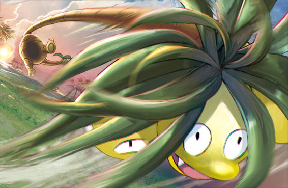 alolan_exeggutor alolan_form anesaki_dynamic black_eyes claws creature fangs gen_7_pokemon grass jumping motion_lines no_humans official_art outdoors pokemon pokemon_(creature) pokemon_trading_card_game sky solo third-party_source