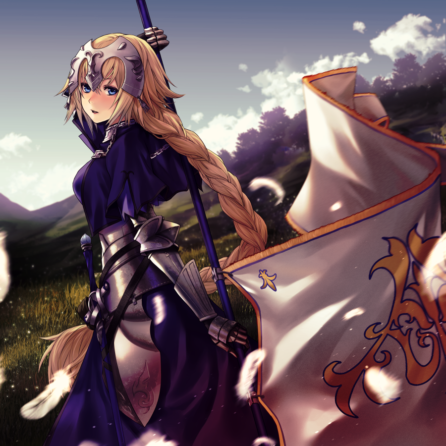 1girl applekun armor armored_dress banner blonde_hair blue_dress blue_eyes blue_sky blurry blurry_background braided_ponytail clouds day dress dutch_angle fate/apocrypha fate_(series) faulds floating_hair from_side gauntlets grass hair_between_eyes headpiece holding jeanne_d'arc_(fate) jeanne_d'arc_(fate)_(all) long_hair looking_at_viewer outdoors sheath sheathed sky solo sword very_long_hair weapon