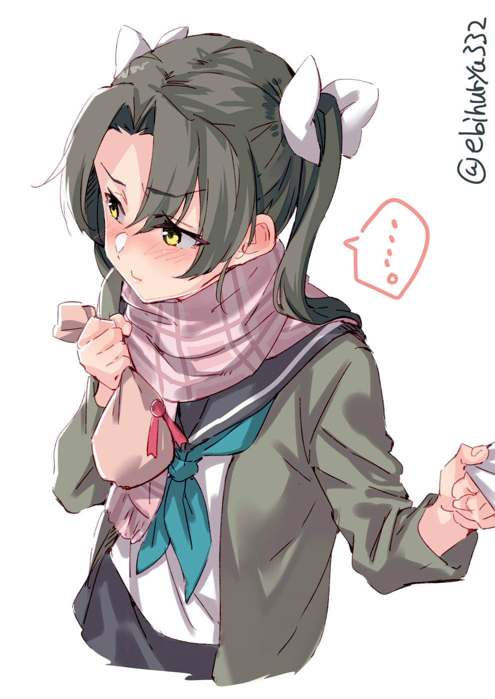 ... 1girl alternate_costume aqua_neckwear black_sailor_collar blush cardigan cropped_torso ebifurya eyebrows_visible_through_hair green_eyes green_hair grey_cardigan hair_between_eyes hair_ribbon highres holding kantai_collection long_hair long_sleeves neckerchief ribbon sailor_collar school_uniform serafuku simple_background solo spoken_ellipsis twintails twitter_username white_background white_ribbon zuikaku_(kantai_collection)