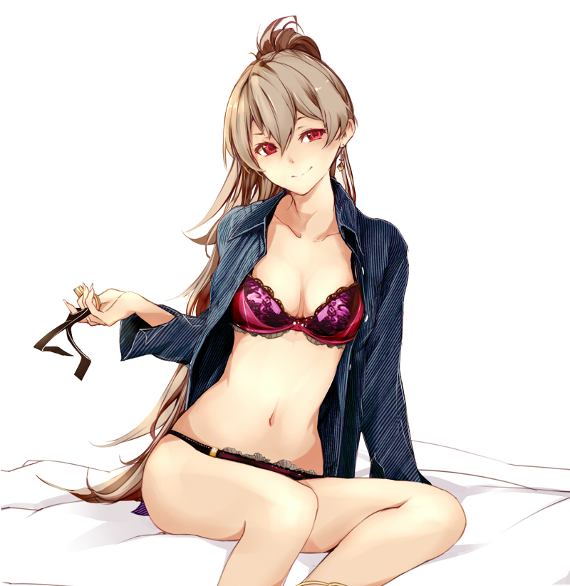 1girl alternate_costume arm_support azur_lane bed_sheet black_blouse blouse blush bra breasts brown_hair collarbone commentary_request earrings jean_bart_(azur_lane) jewelry long_hair looking_at_viewer medium_breasts navel open_blouse open_clothes panties ponytail red_bra red_eyes red_panties rizzl sitting smile solo striped underwear vertical_stripes very_long_hair