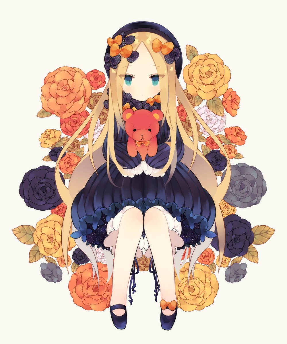 1girl abigail_williams_(fate/grand_order) blonde_hair blue_eyes bow fate/grand_order fate_(series) floral_background flower grey_background hair_bow hat highres knees_together_feet_apart long_hair long_sleeves looking_at_viewer mimo_lm rose simple_background sleeves_past_wrists solo stuffed_animal stuffed_toy teddy_bear