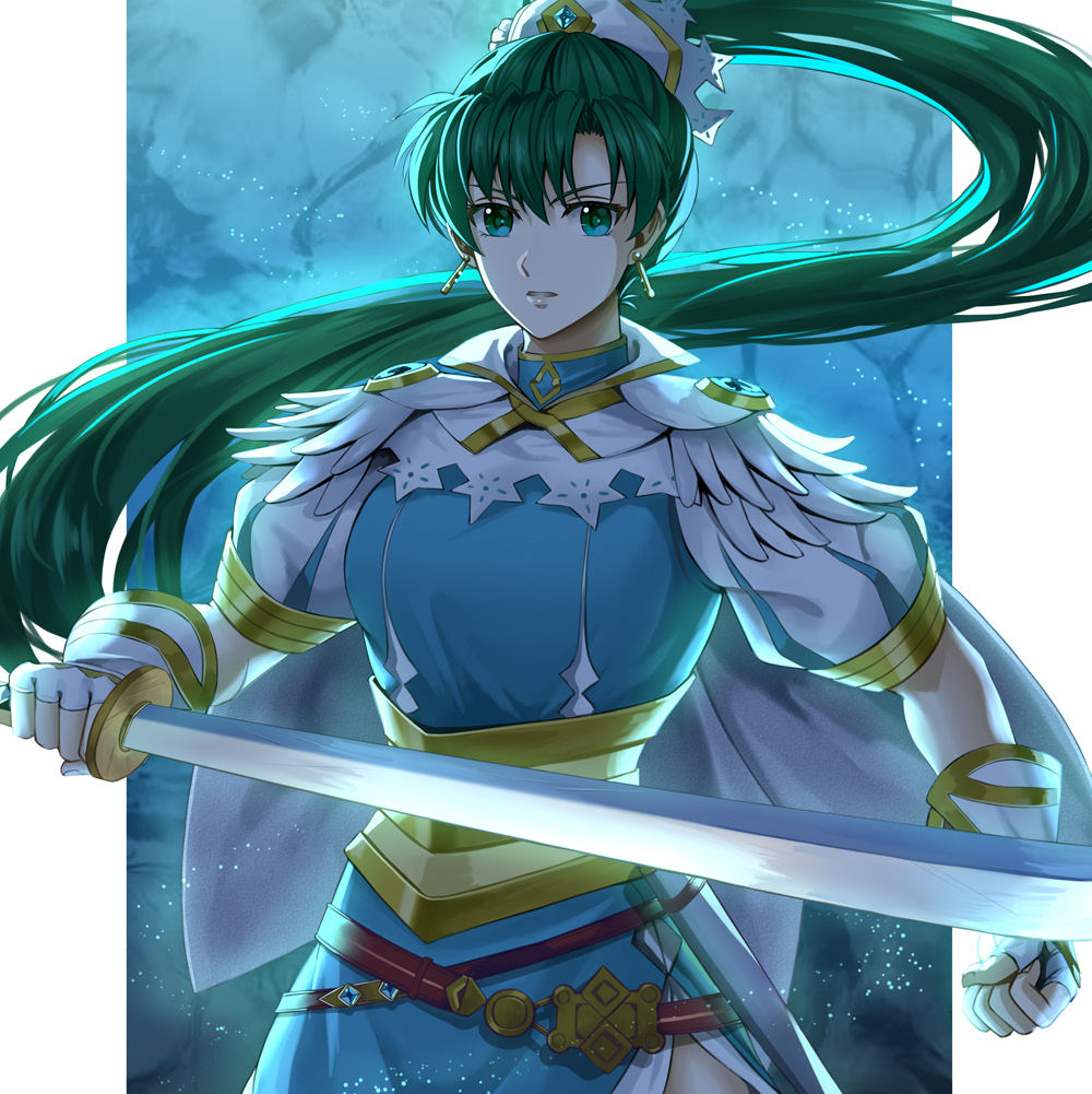 1girl delsaber earrings fingerless_gloves fire_emblem fire_emblem:_blazing_sword fire_emblem:_rekka_no_ken fire_emblem:_the_blazing_blade fire_emblem_7 fire_emblem_heroes gloves green_eyes green_hair holding holding_sword holding_weapon intelligent_systems jewelry long_hair lyn_(fire_emblem) lyndis_(fire_emblem) nintendo parted_lips ponytail short_sleeves solo super_smash_bros. sword upper_body weapon white_gloves