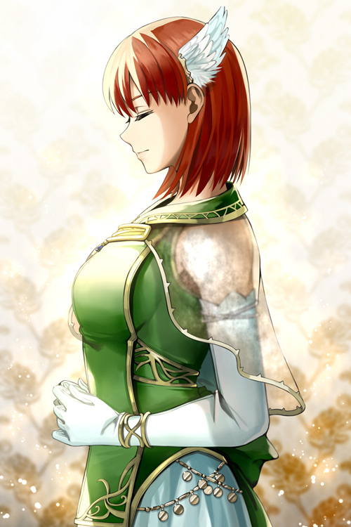 1girl breasts closed_eyes cowboy_shot delsaber dress elbow_gloves eyebrows_visible_through_hair feathers fire_emblem fire_emblem:_the_blazing_blade gloves green_dress hair_feathers hands_together large_breasts lips patterned_background priscilla_(fire_emblem) profile redhead short_hair sleeveless sleeveless_dress solo straight_hair white_gloves wing_hair_ornament