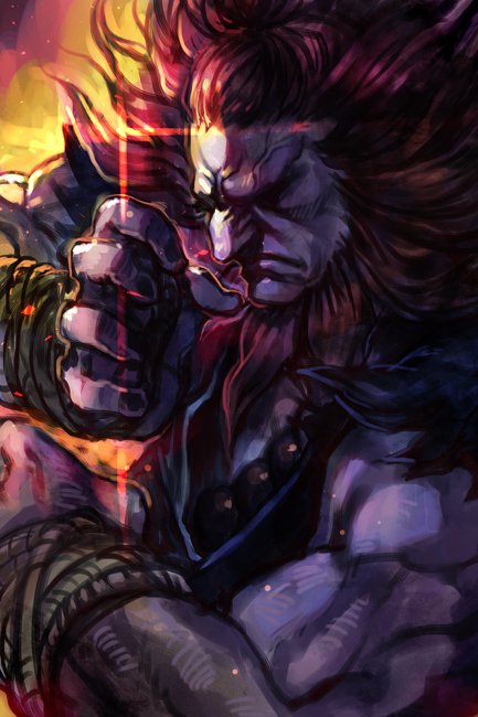 1boy angry beads beard big_hair closed_eyes dark_skin dougi facial_hair gloves gouki hands_up hankuri long_hair male_focus manly muscle no_eyebrows nose prayer_beads redhead simple_background sleeveless solo street_fighter street_fighter_v topknot upper_body
