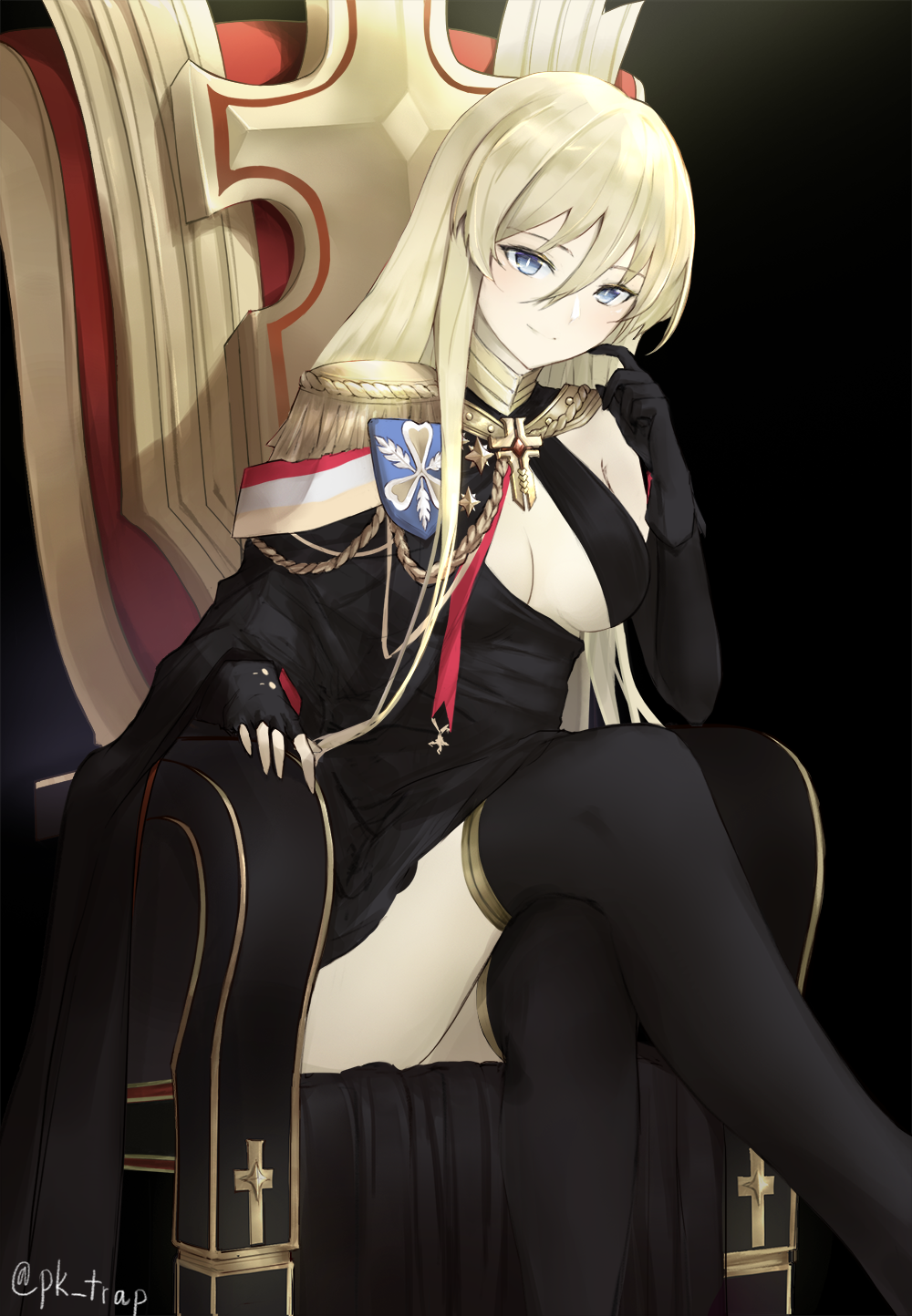 1girl azur_lane bismarck_(azur_lane) bismarck_(beacon_of_the_ironblood)_(azur_lane) black_background black_gloves black_legwear blonde_hair blue_eyes boots breasts dress gloves highres long_hair looking_at_viewer pantyhose pk_trap sitting sitting_on_chest small_breasts smile solo thigh-highs thigh_boots thighs tight