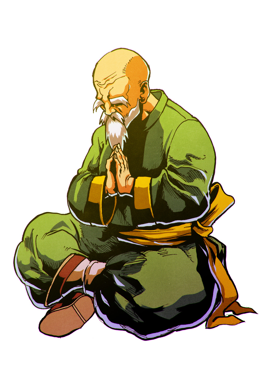 1boy bald beard closed_eyes facial_hair fatal_fury green_tunic hands_clasped highres meditation own_hands_together sitting solo thick_eyebrows tung_fue_rue zehb_br