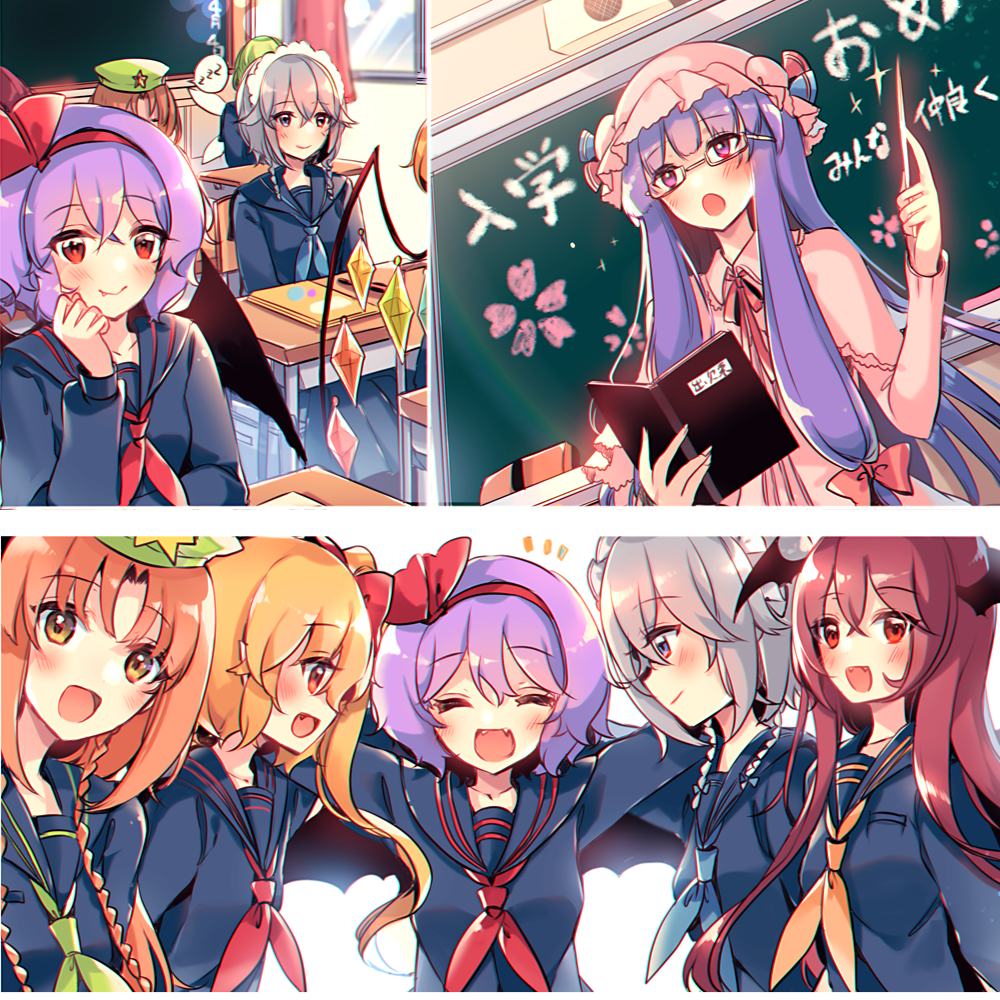 6+girls :d :o ^_^ alternate_costume bangs bat_wings blonde_hair blue_eyes blue_neckwear blue_ribbon blue_serafuku blush book brown_eyes chalkboard closed_eyes commentary_request contemporary crystal daiyousei demon_wings desk dress eyebrows_visible_through_hair facing_viewer fang fangs flandre_scarlet green_headwear green_neckwear hair_ribbon hand_up hat hat_ribbon head_tilt head_wings holding holding_book hong_meiling indoors izayoi_sakuya kirero koakuma long_hair looking_at_viewer maid_headdress mob_cap multiple_girls neckerchief one_side_up open_mouth orange_hair patchouli_knowledge pink_dress pink_headwear profile purple_hair red_eyes red_neckwear red_ribbon remilia_scarlet ribbon school_desk school_uniform serafuku silver_hair smile touhou upper_body violet_eyes window wings yellow_neckwear