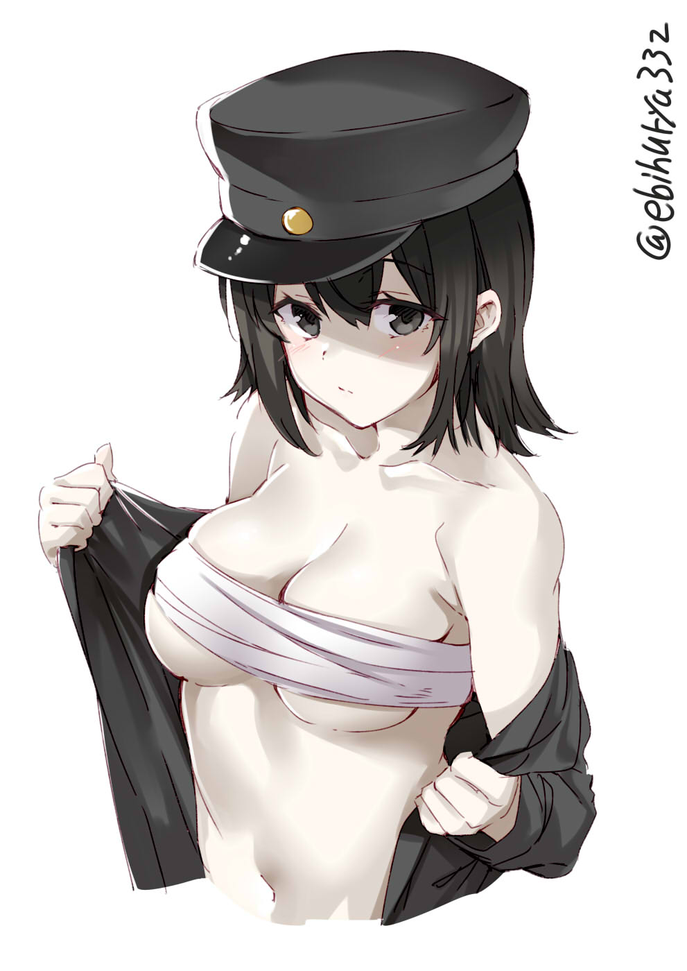 1girl akitsu_maru_(kantai_collection) black_eyes black_hair blush breasts collarbone cropped_torso ebifurya eyebrows_visible_through_hair hair_between_eyes hat highres kantai_collection large_breasts long_sleeves military military_uniform navel open_clothes pale_skin peaked_cap sarashi short_hair simple_background solo twitter_username uniform white_background