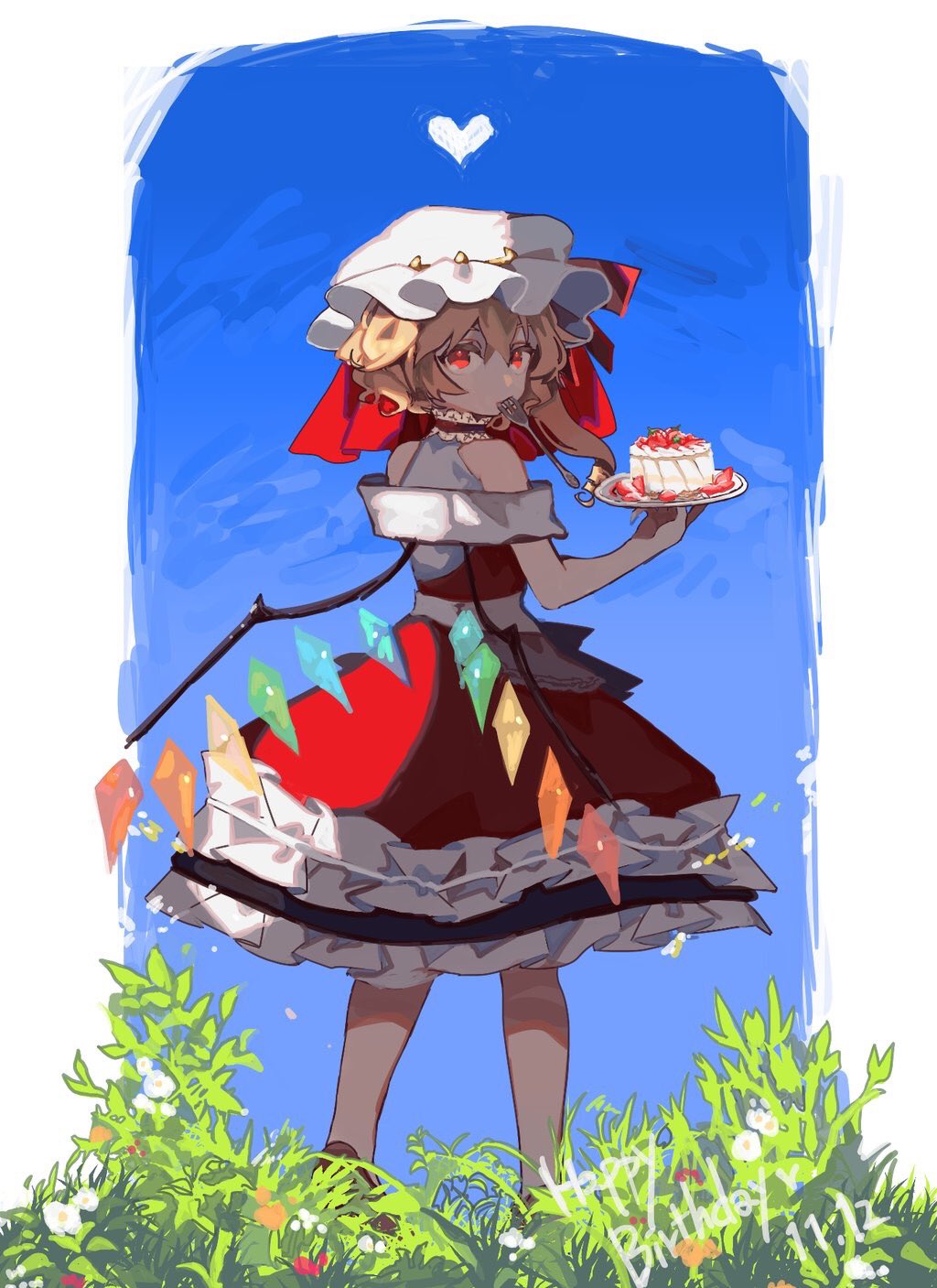 1girl blonde_hair blue_background cake choker crystal day dress flandre_scarlet food fork fork_in_mouth frills from_behind fruit full_body hand_up happy_birthday hat hat_ribbon heart highres holding holding_plate long_hair looking_at_viewer looking_back mob_cap mouth_hold outdoors plant plate red_dress red_eyes red_ribbon ribbon side_ponytail solo standing strawberry takushiima touhou white_headwear wings