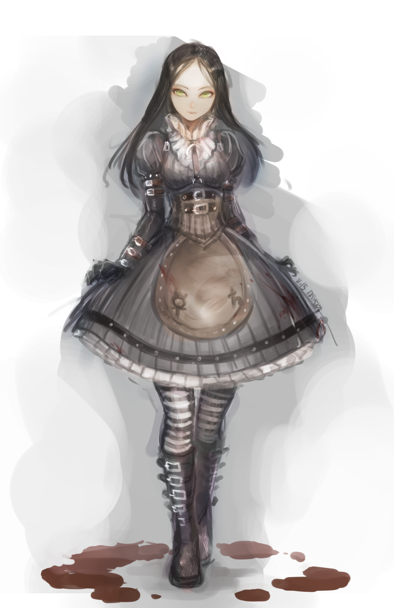 1girl alice:_madness_returns alice_(wonderland) american_mcgee's_alice black_hair blood boots breasts closed_mouth dress gloves gothic_lolita highres lolita_fashion long_hair looking_at_viewer pantyhose simple_background solo striped striped_legwear type-alpha