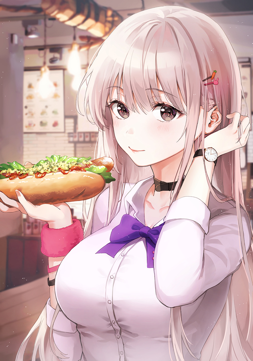 1girl bangs belt_collar blurry blurry_background blush bread breasts bunny_hair_ornament carrot_hair_ornament collar collarbone collared_shirt commentary_request eyebrows_visible_through_hair food food_themed_hair_ornament grey_eyes gyaru hair_ornament hairclip hand_in_hair hands_up highres holding holding_food hot_dog indoors ketchup lamp large_breasts lettuce long_hair looking_at_viewer original ran9u sausage school_uniform shirt sidelocks silver_hair sleeves_rolled_up smile solo table upper_body watch watch white_shirt wristband