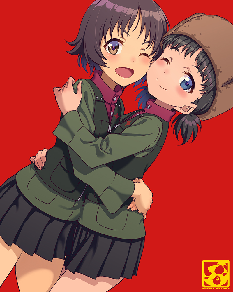 2girls ;) ;d alina_(girls_und_panzer) artist_logo bangs black_skirt black_vest blue_eyes brown_eyes brown_hair brown_headwear closed_mouth commentary dark_skin dutch_angle emblem from_side fur_hat girls_und_panzer green_jacket hat hug jacket long_sleeves looking_at_viewer military military_uniform miniskirt multiple_girls nina_(girls_und_panzer) one_eye_closed open_mouth pairan pleated_skirt pravda_military_uniform pravda_school_uniform red_background red_shirt school_uniform shirt short_hair short_twintails simple_background skirt smile standing turtleneck twintails uniform ushanka vest zipper