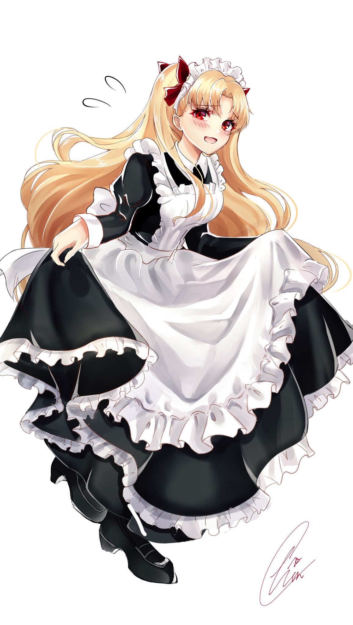 1girl :d alternate_costume black_dress black_footwear blonde_hair blush chiachun0621 commentary_request curtsey dress enmaided ereshkigal_(fate/grand_order) fate/grand_order fate_(series) full_body highres long_sleeves looking_at_viewer maid maid_headdress open_mouth red_eyes signature simple_background skirt_hold smile solo standing standing_on_one_leg two_side_up white_background