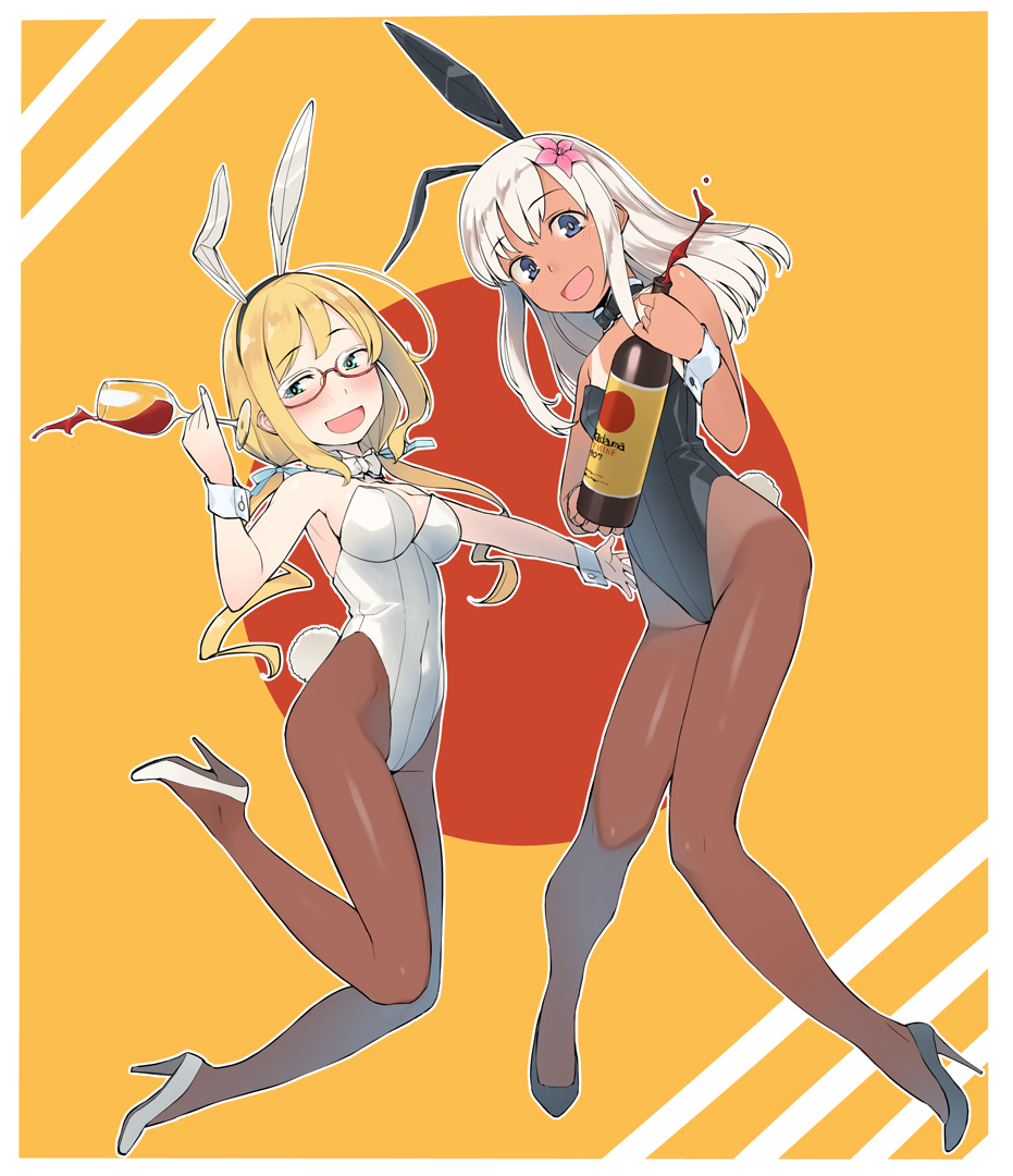 2girls alcohol alternate_costume animal_ears aqua_eyes bangs black_leotard blonde_hair blue_eyes blush bow bowtie breasts brown_legwear bunny_girl bunny_tail bunnysuit commentary_request covered_navel cup detached_collar drinking_glass eyebrows_visible_through_hair fake_animal_ears fake_tail flower full_body gahaku glasses hair_flower hair_ornament high_heels i-8_(kantai_collection) kantai_collection legs leotard long_hair looking_at_viewer low_twintails medium_breasts multiple_girls one-piece_tan open_mouth pantyhose rabbit_ears red-framed_eyewear ro-500_(kantai_collection) semi-rimless_eyewear simple_background small_breasts smile strapless strapless_leotard tail tan tanline twintails under-rim_eyewear white_hair wine wine_glass wrist_cuffs