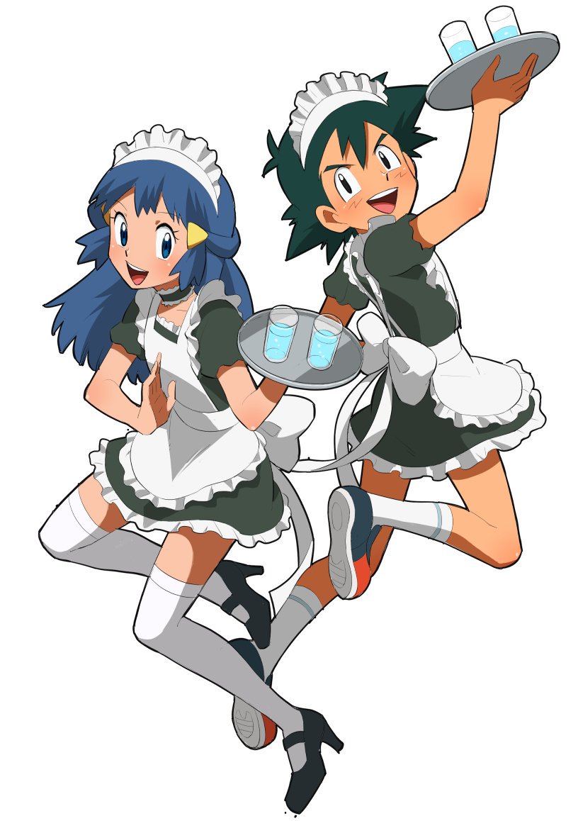 1boy 1girl alternate_costume apron black_eyes black_hair blue_eyes blue_hair djmn_c enmaided hikari_(pokemon) holding holding_tray jumping maid maid_apron open_mouth pokemon pokemon_(anime) pokemon_dppt_(anime) poses satoshi_(pokemon) simple_background smile spiky_hair tagme tray upper_teeth white_background