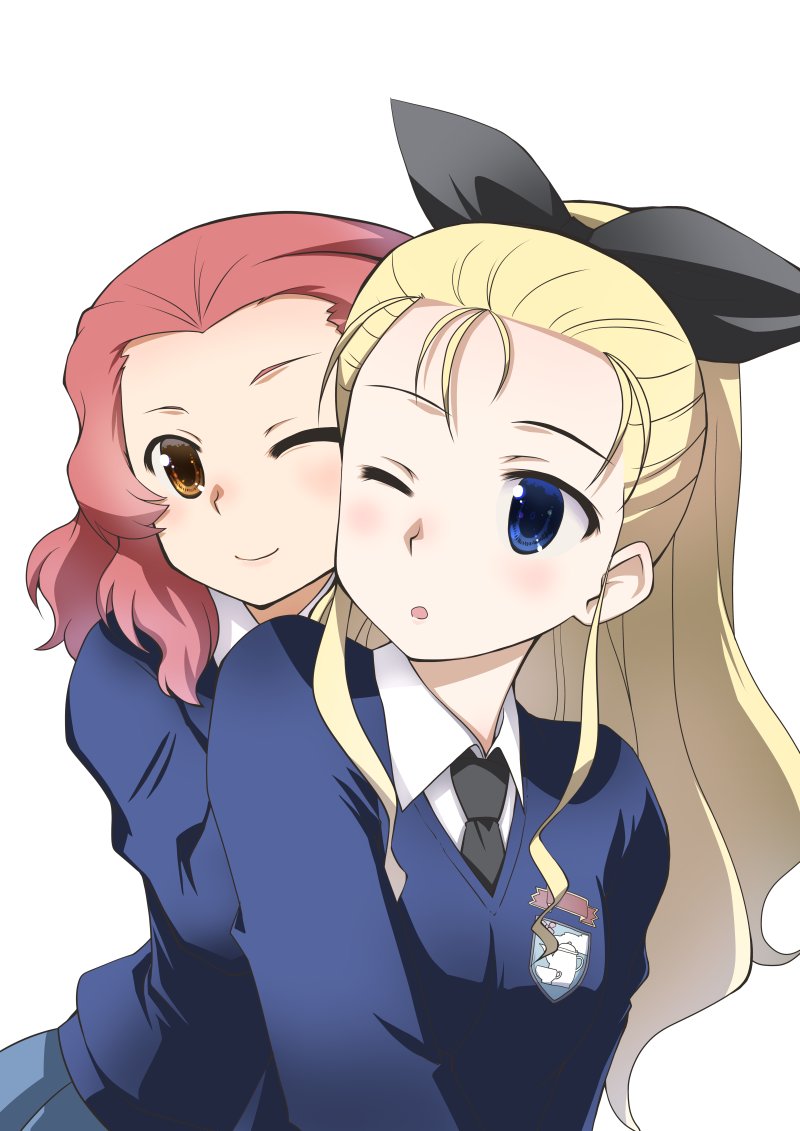 2girls ;) ;o assam_(girls_und_panzer) black_neckwear black_ribbon blonde_hair blue_eyes blue_sweater brown_eyes closed_mouth dress_shirt emblem girls_und_panzer hair_pulled_back hair_ribbon long_hair long_sleeves looking_at_another looking_back medium_hair multiple_girls necktie one_eye_closed open_mouth osamada_meika redhead ribbon rosehip_(girls_und_panzer) school_uniform shirt simple_background smile st._gloriana's_(emblem) st._gloriana's_school_uniform sweater v-neck white_background white_shirt wing_collar