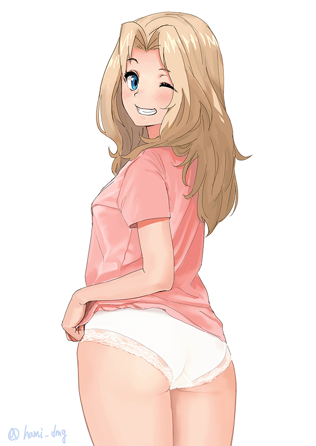 1girl ;) ass blonde_hair blue_eyes blush commentary cowboy_shot from_behind girls_und_panzer grin hair_intakes hami_dmg kay_(girls_und_panzer) lace lace-trimmed_panties lifted_by_self long_hair looking_at_viewer looking_back no_pants one_eye_closed panties pink_shirt shirt shirt_lift short_sleeves simple_background smile solo standing t-shirt twitter_username underwear white_background white_panties