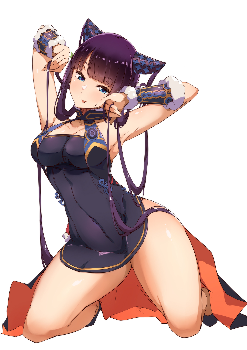 1girl armpits arms_up bangs bare_shoulders black_dress blue_eyes blunt_bangs blush breasts china_dress chinese_clothes closed_mouth covered_navel detached_sleeves dress fate/grand_order fate_(series) hair_ornament highres holding holding_hair kneeling large_breasts leaf_hair_ornament long_hair looking_at_viewer purple_hair short_dress simple_background smile solo thighs tokiwa_midori_(kyokutou_funamushi) tongue tongue_out twintails very_long_hair white_background yang_guifei_(fate/grand_order)