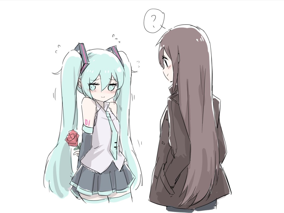 2girls ? aqua_eyes aqua_hair aqua_neckwear arms_behind_back bare_shoulders black_skirt black_sleeves blush brown_hair brown_jacket commentary detached_sleeves flower grey_shirt hair_ornament hands_in_pockets hatsune_miku holding holding_flower jacket long_hair looking_at_another looking_away master_(vocaloid) multiple_girls necktie nejikyuu shirt shoulder_tattoo skirt sleeveless sleeveless_shirt smile spoken_question_mark tattoo thigh-highs twintails upper_body very_long_hair vocaloid white_background zettai_ryouiki