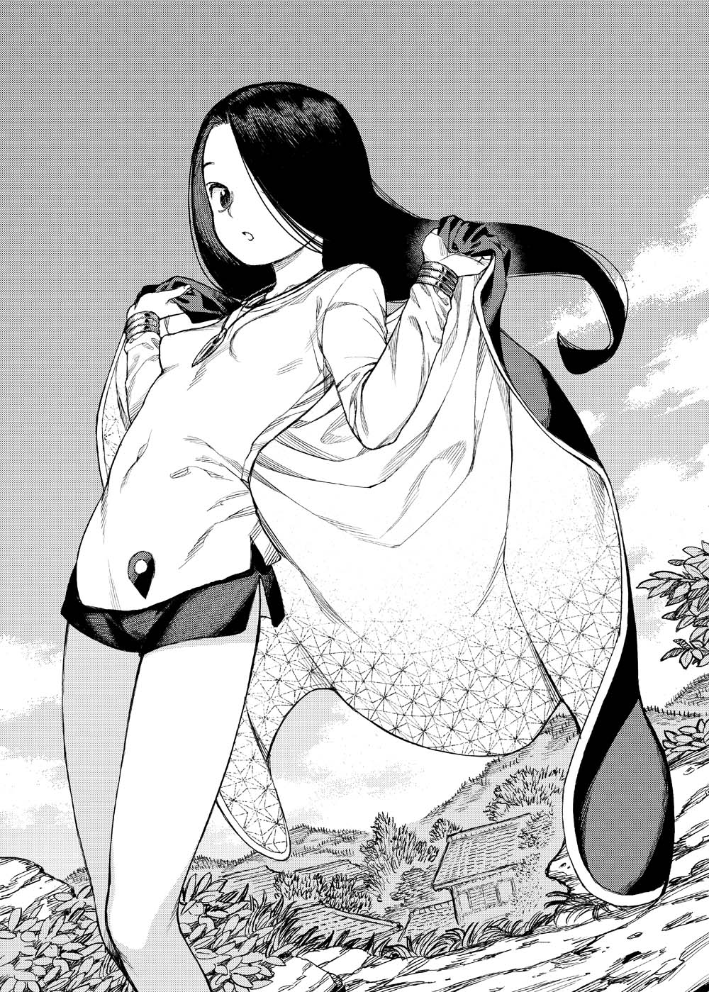 1girl :o bare_legs blonde_hair breasts cape clouds commentary_request greyscale hair_over_one_eye hamada_yoshikazu highres jewelry long_hair long_sleeves looking_at_viewer monochrome necklace official_art outdoors shinobu_(tsugumomo) small_breasts solo tsugumomo