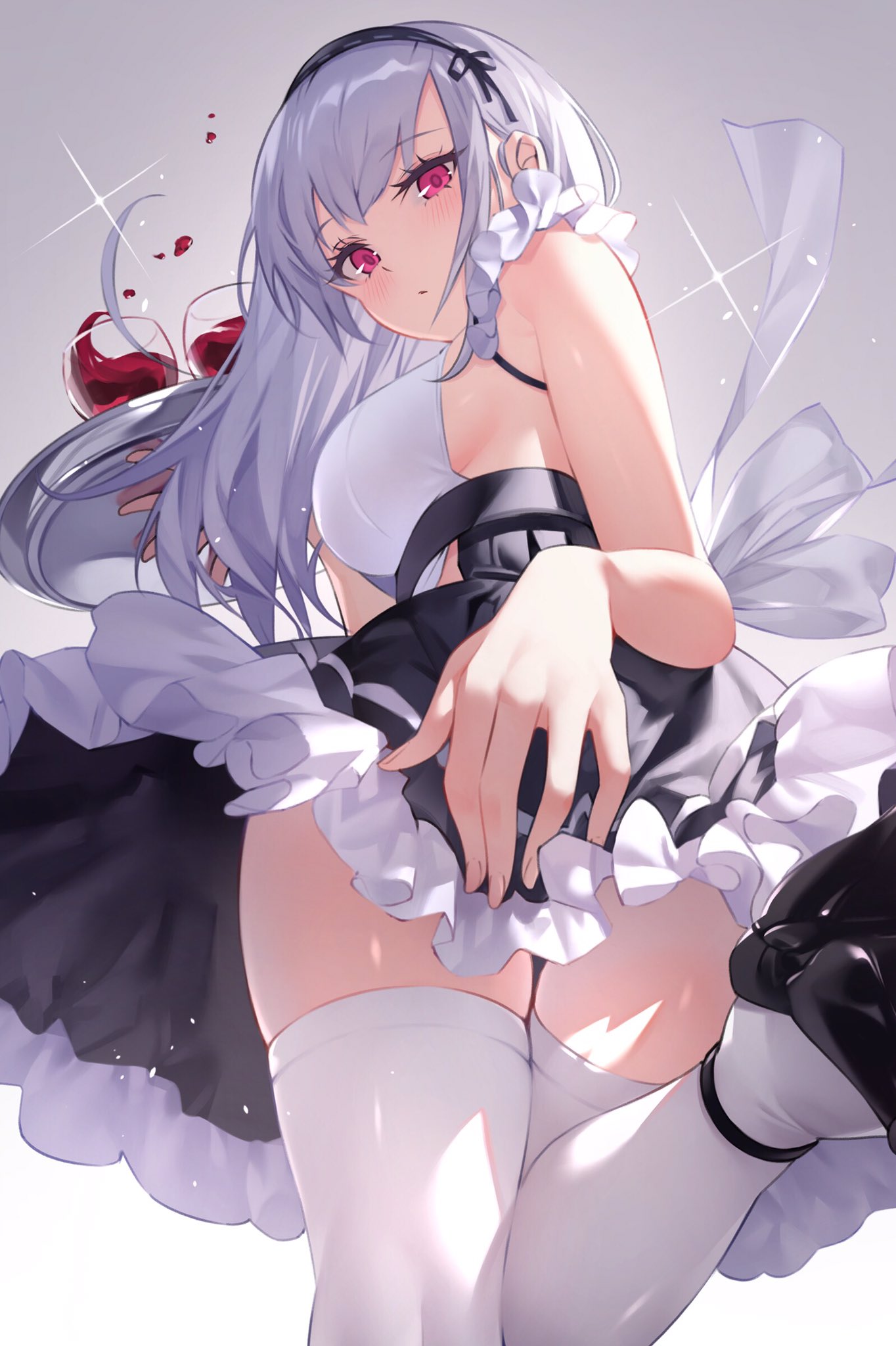 1girl alcohol apron ass azur_lane backlighting bangs bare_shoulders black_footwear black_hairband black_skirt blush breasts closed_mouth cup dido_(azur_lane) drinking_glass foot_up gradient gradient_background grey_background hairband high_heels highres large_breasts long_hair looking_at_viewer looking_back shirt silver_hair skirt sleeveless sleeveless_shirt solo sparkle thigh-highs thighs to_gemichi tray violet_eyes waist_apron white_apron white_legwear white_shirt wine wine_glass