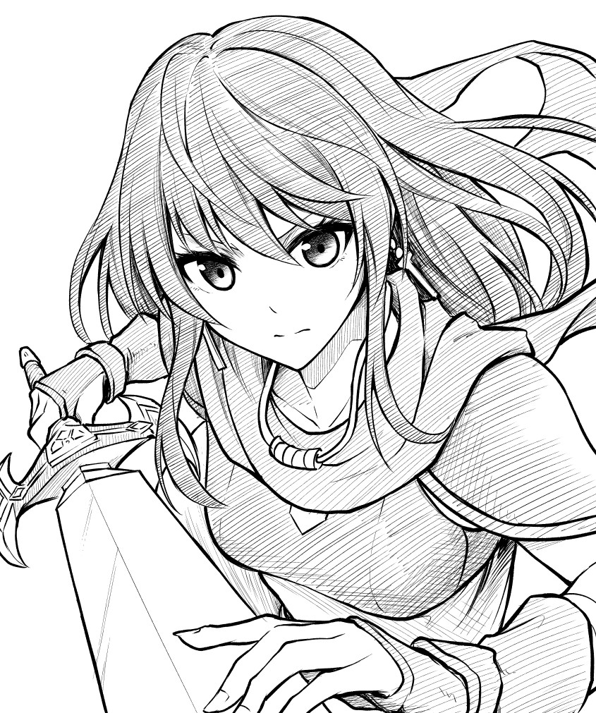 1girl belt_pouch breastplate cape fire_emblem fire_emblem:_thracia_776 holding holding_sword holding_weapon long_hair long_sword looking_at_viewer mareeta_(fire_emblem) monochrome pouch serious shoulder_armor simple_background solo sword ten_(m12uki17) weapon white_background