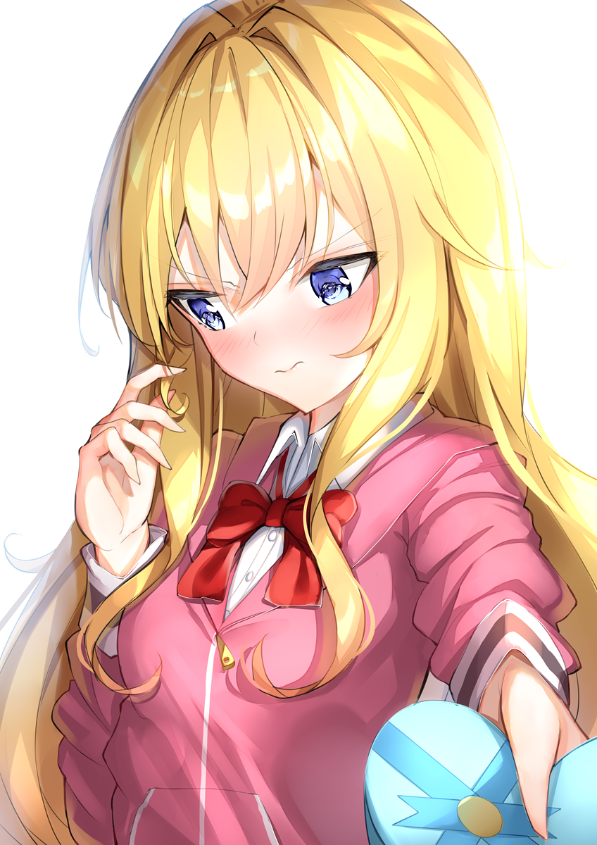 1girl bangs blonde_hair blue_eyes blush bow box closed_mouth collared_shirt commentary_request dress_shirt eyebrows_visible_through_hair gabriel_dropout gift gift_box hair_between_eyes hair_intakes hand_up heart heart-shaped_pupils highres holding holding_gift jacket long_hair long_sleeves looking_away nose_blush pink_jacket red_bow shiero. shirt simple_background solo symbol-shaped_pupils tenma_gabriel_white upper_body wavy_mouth white_background white_shirt